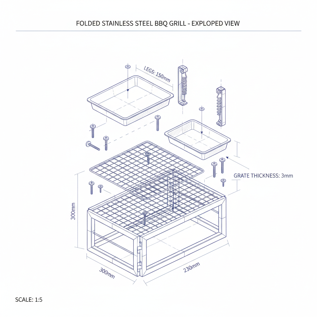technical wireframe drawing of a small folded stainless steel bbq grill 300mm by 230mm, exploded view showing components, blueprint style, white background, engineering sketch