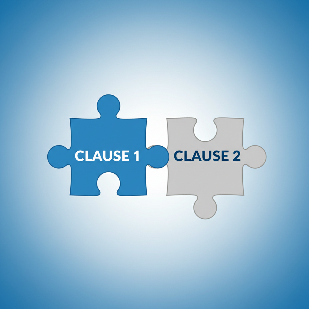 Illustration of two puzzle pieces being joined. One piece says 'Clause 1', the other says 'Clause 2'.