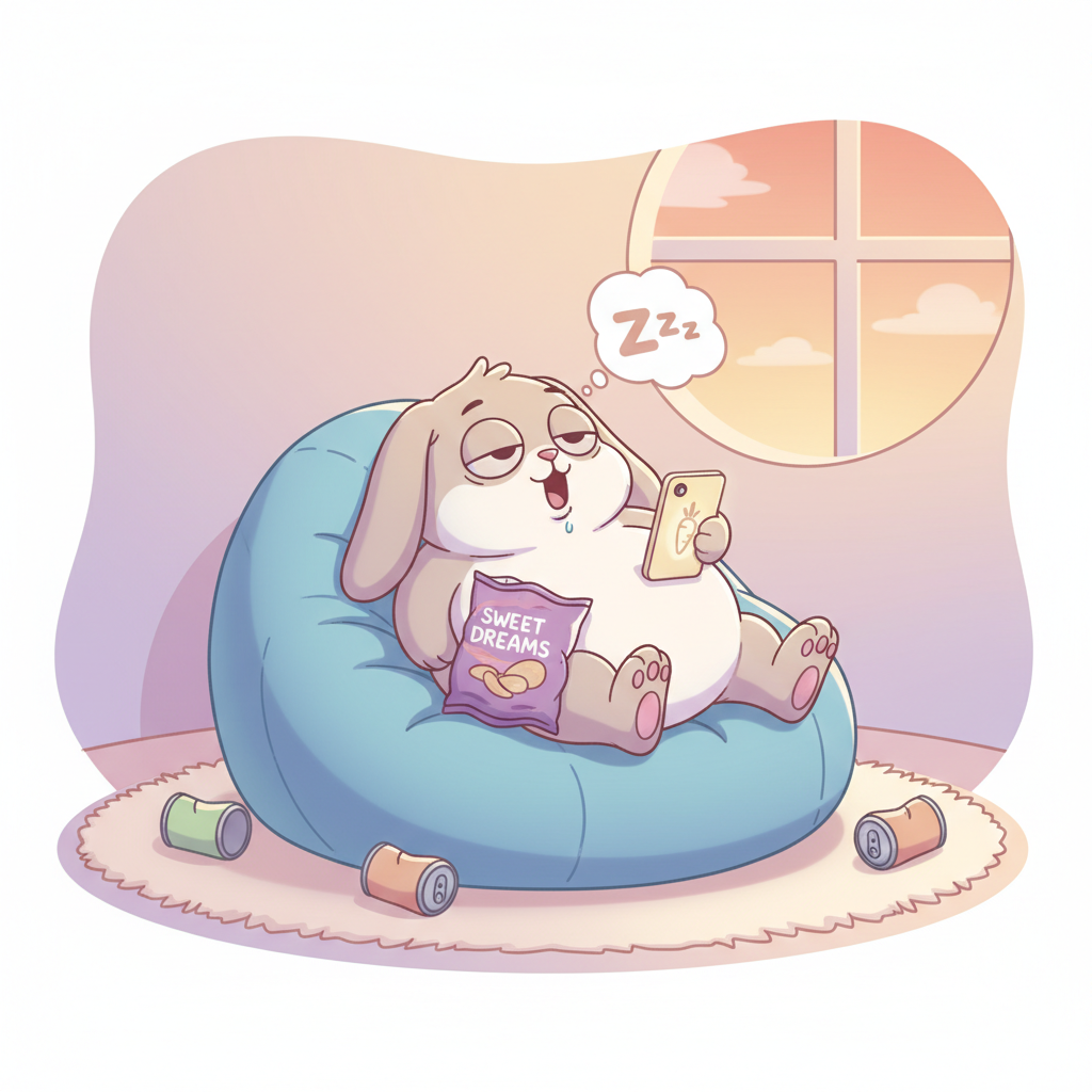Cartoon bunny slumped over on a beanbag chair holding a phone, looking lethargic and lazy, soft shapes, pastel colors