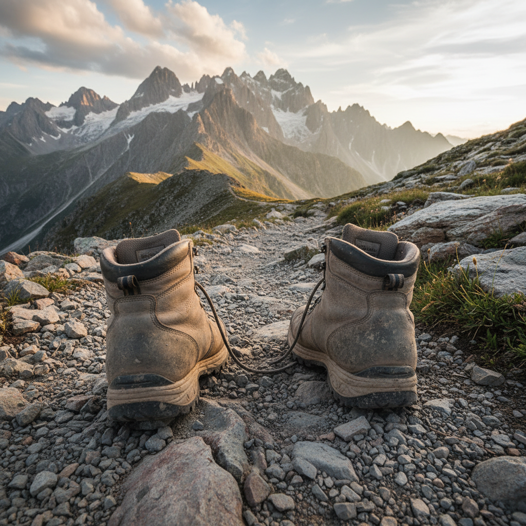 Close up of hiking boots on a rocky path with a mountain in the background, inspiring and grounded, low angle