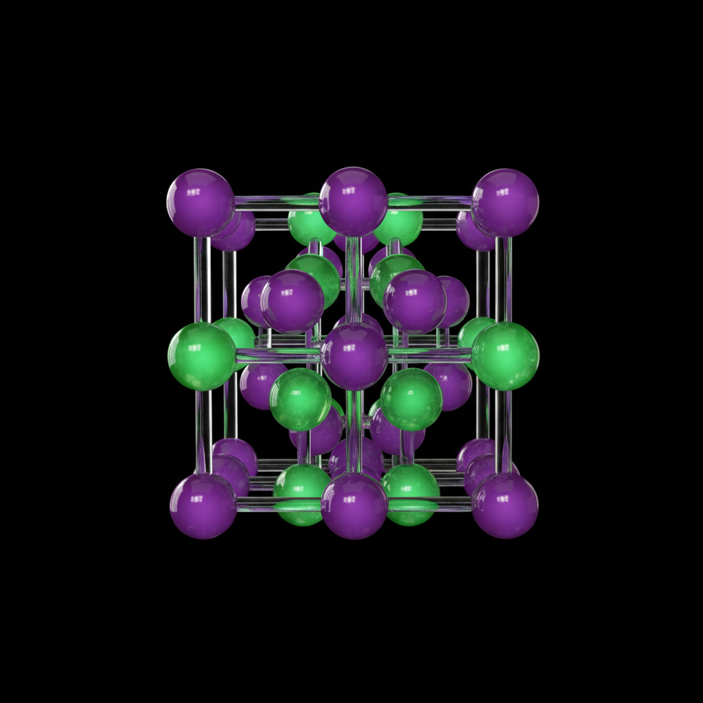 3D render of a Sodium Chloride cubic crystal lattice structure, alternating purple and green spheres connected by bonds, dark background, scientific visualization, high detail