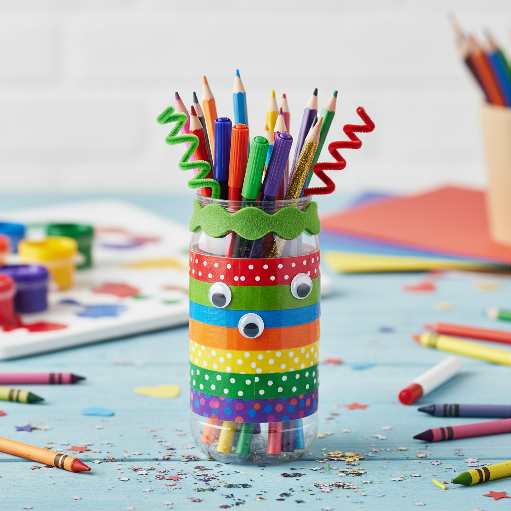 Plastic bottle reused as a colorful pencil holder, crafts for kids
