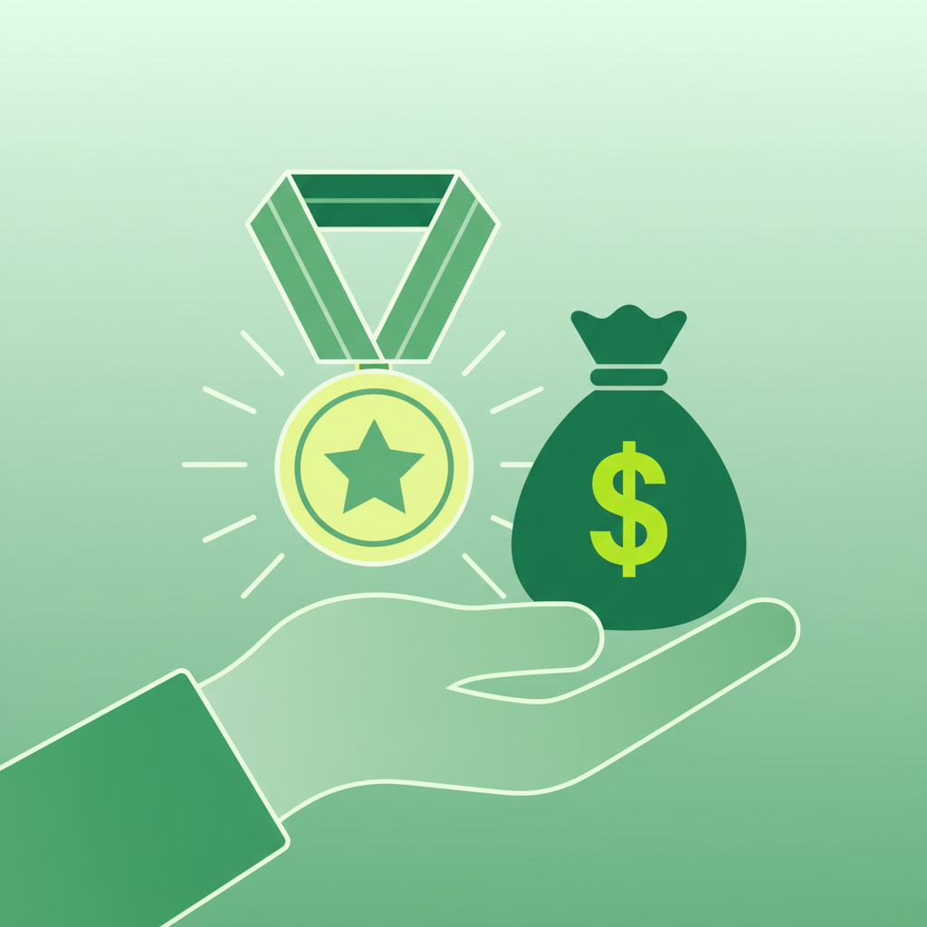 illustration of a hand holding a gold medal or bonus money bag, flat vector style, green color scheme