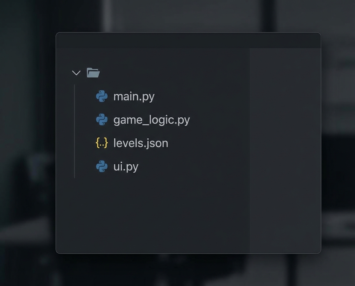 Computer screen displaying a file directory tree structure: main.py, game_logic.py, levels.json, ui.py. Dark coding theme.