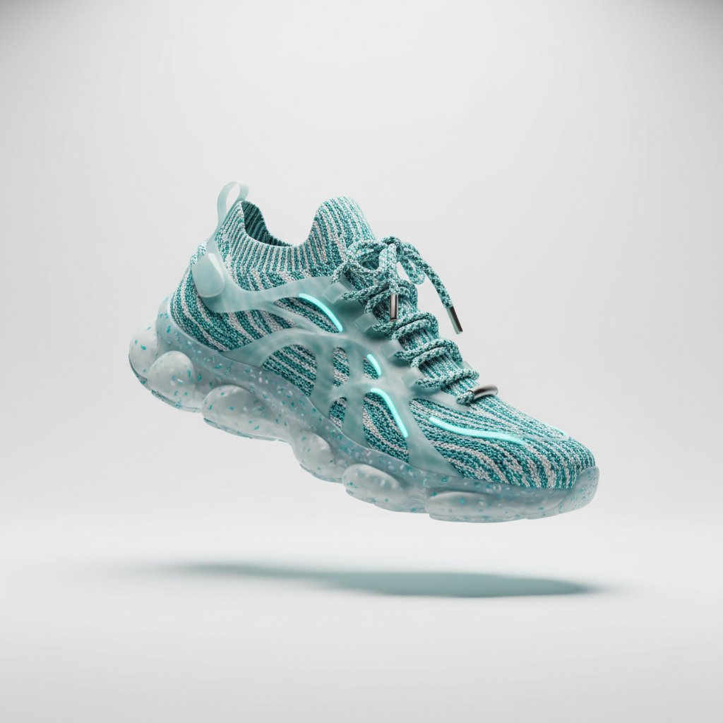 Futuristic stylish sneaker made of recycled ocean (teal and white) plastic, floating on a minimal clean white background, studio lighting, high product photography