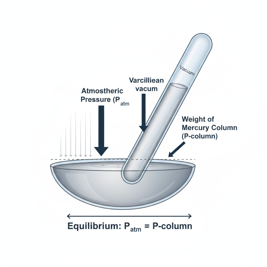 scientific diagram showing mercury column in a tube, arrows pointing down on the reservoir surface representing atmospheric pressure, and an arrow representing weight of liquid column, equilibrium physics