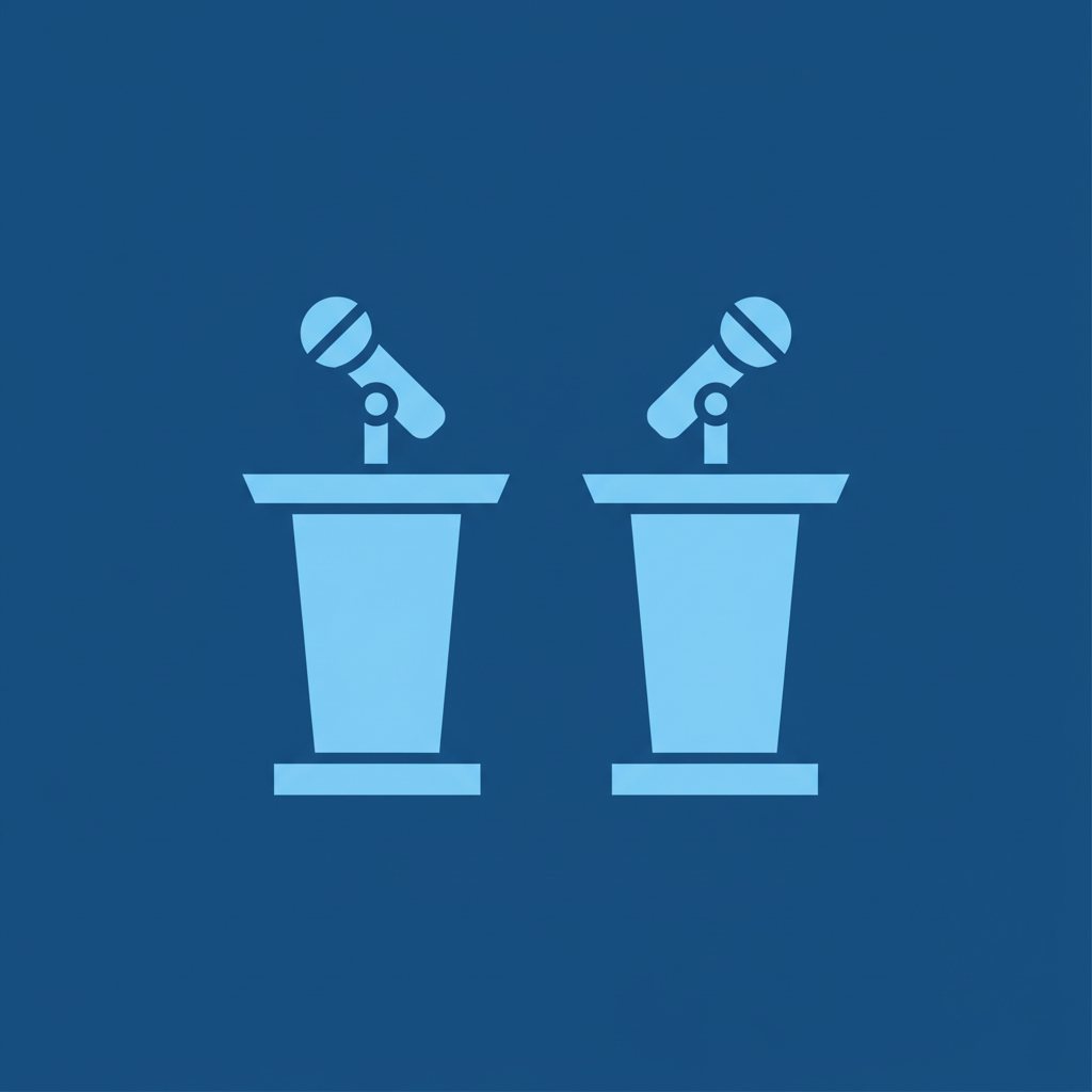 Two microphones on podiums facing each other, minimalist icon style, blue background