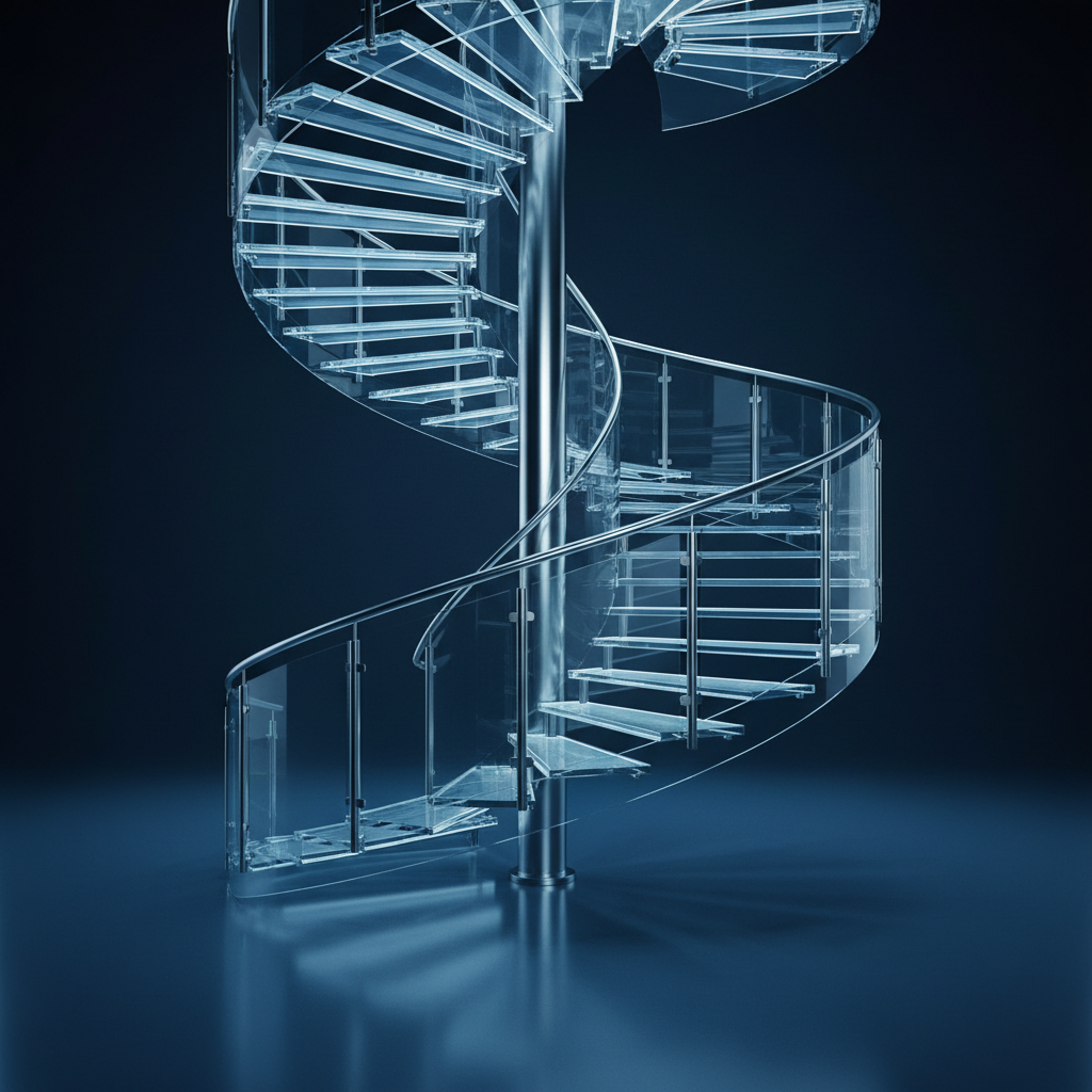Abstract architectural upward spiral staircase made of glass and steel, symbolizing corporate progress and structure, deep blue and white lighting, photorealistic, 8k