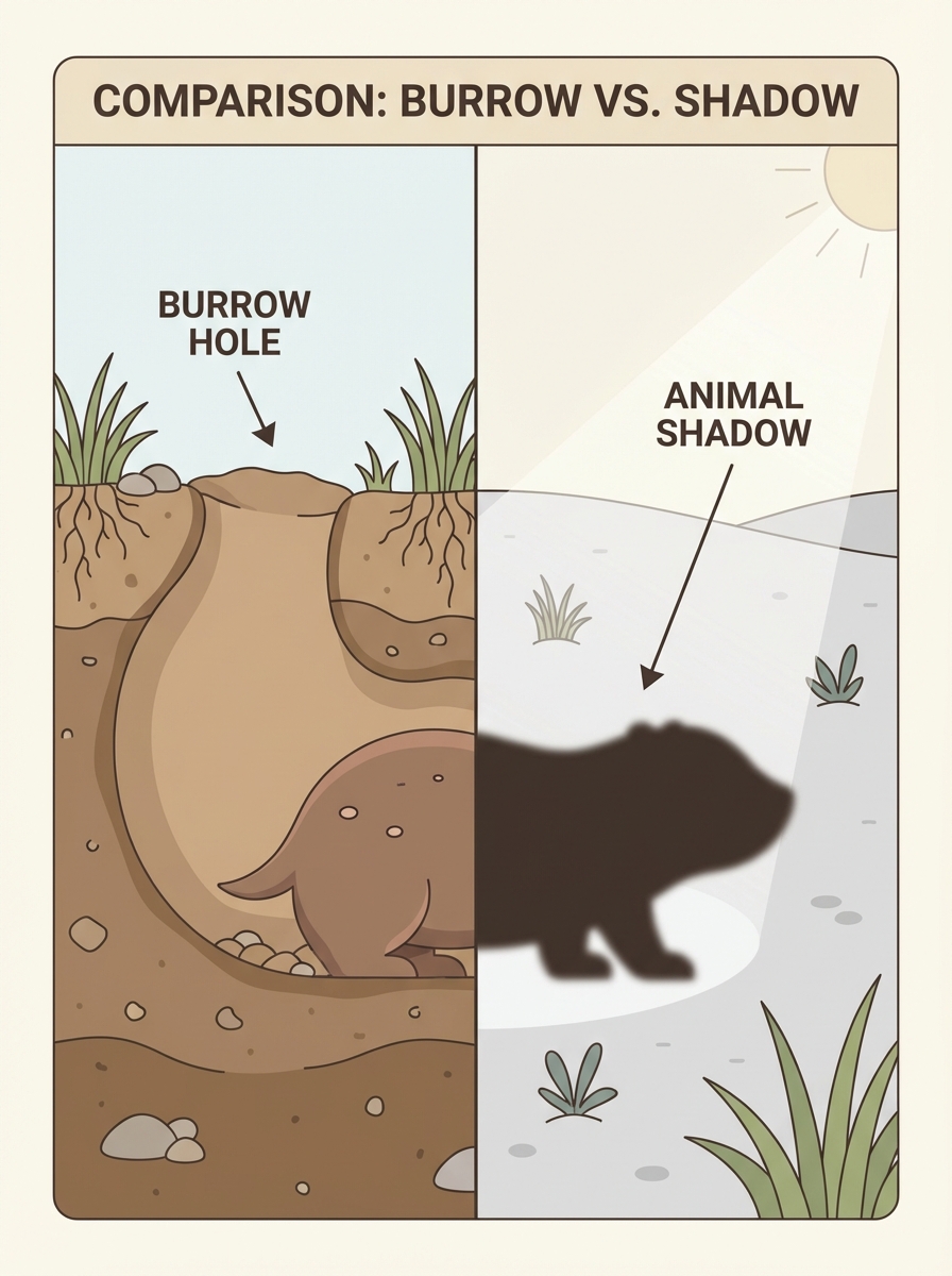 Illustration comparing a burrow hole and a shadow cast by an animal, educational style