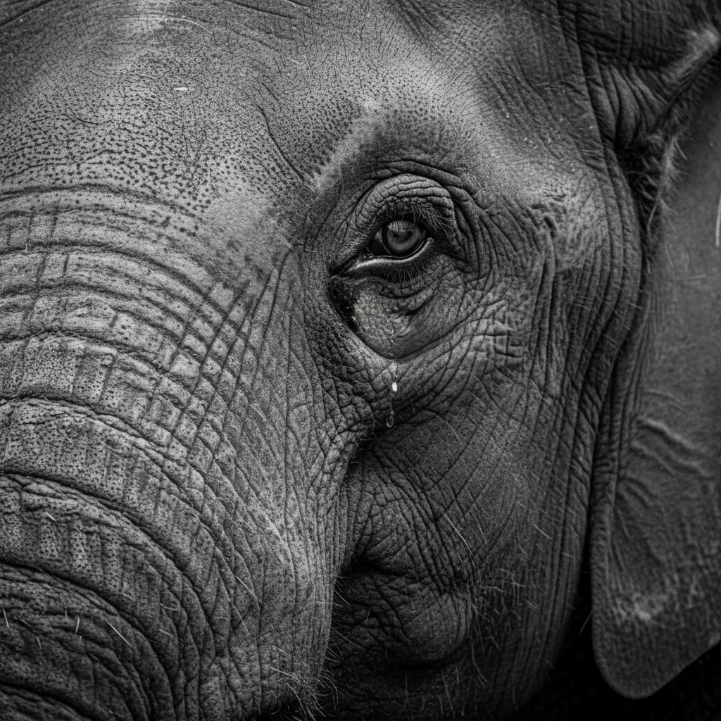 close up of elephant skin texture and eye, emotional, high detail, black and white photography