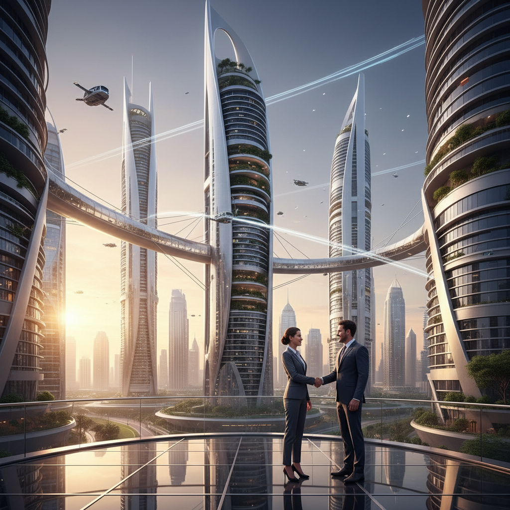 Futuristic skyline of Dubai at sunset with business professionals shaking hands in the foreground, photorealistic, warm lighting