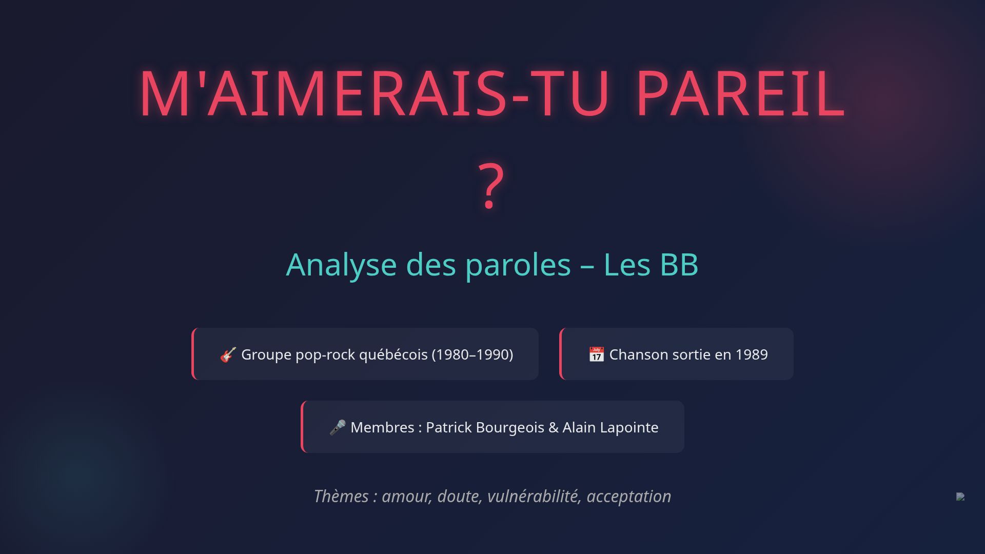 Analyse de 'M'aimerais-tu pareil ?' par Les BB