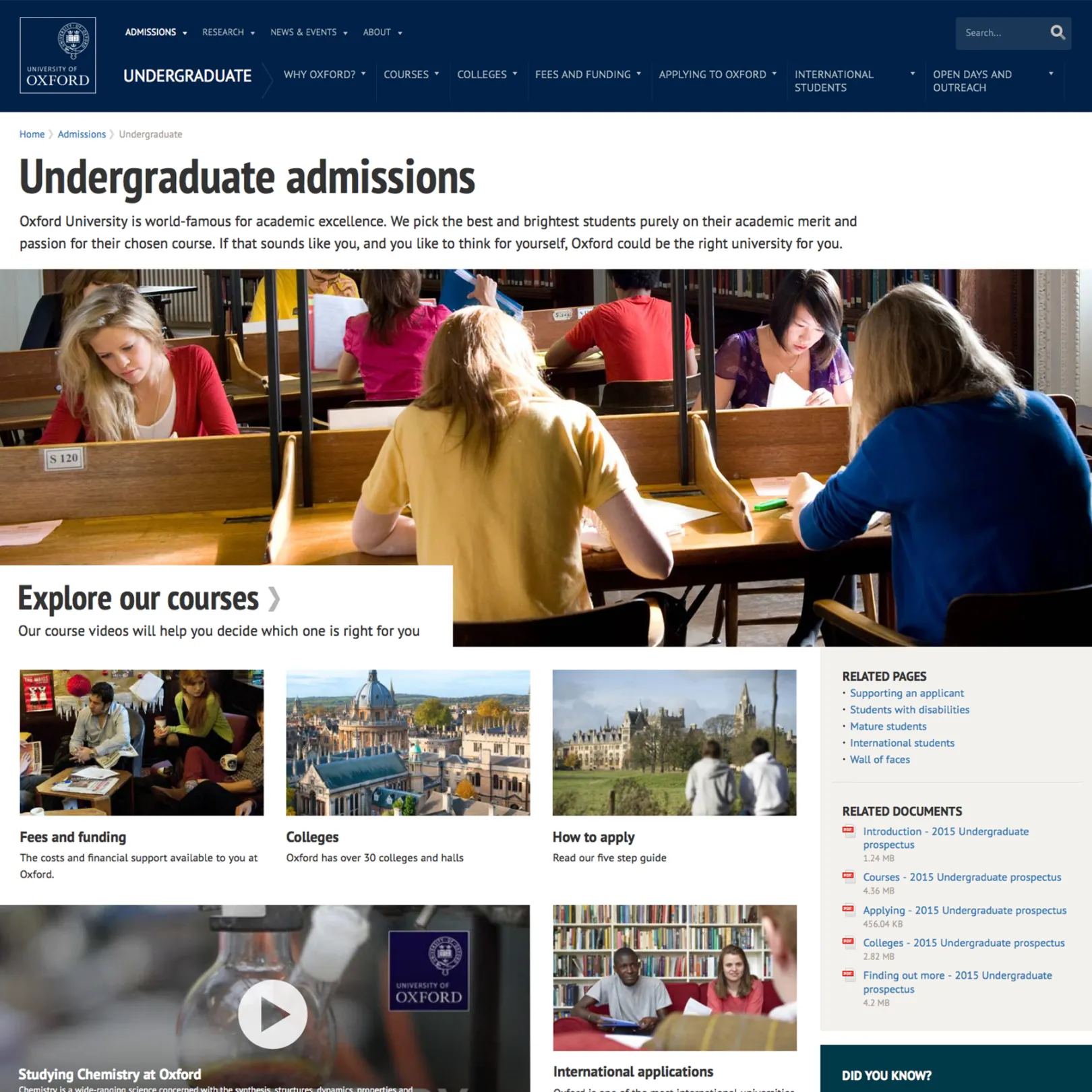 University of Oxford website homepage screenshot