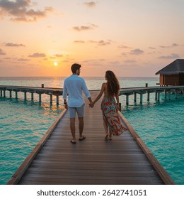 couple holding hands walking on maldives beach sunset luxury travel