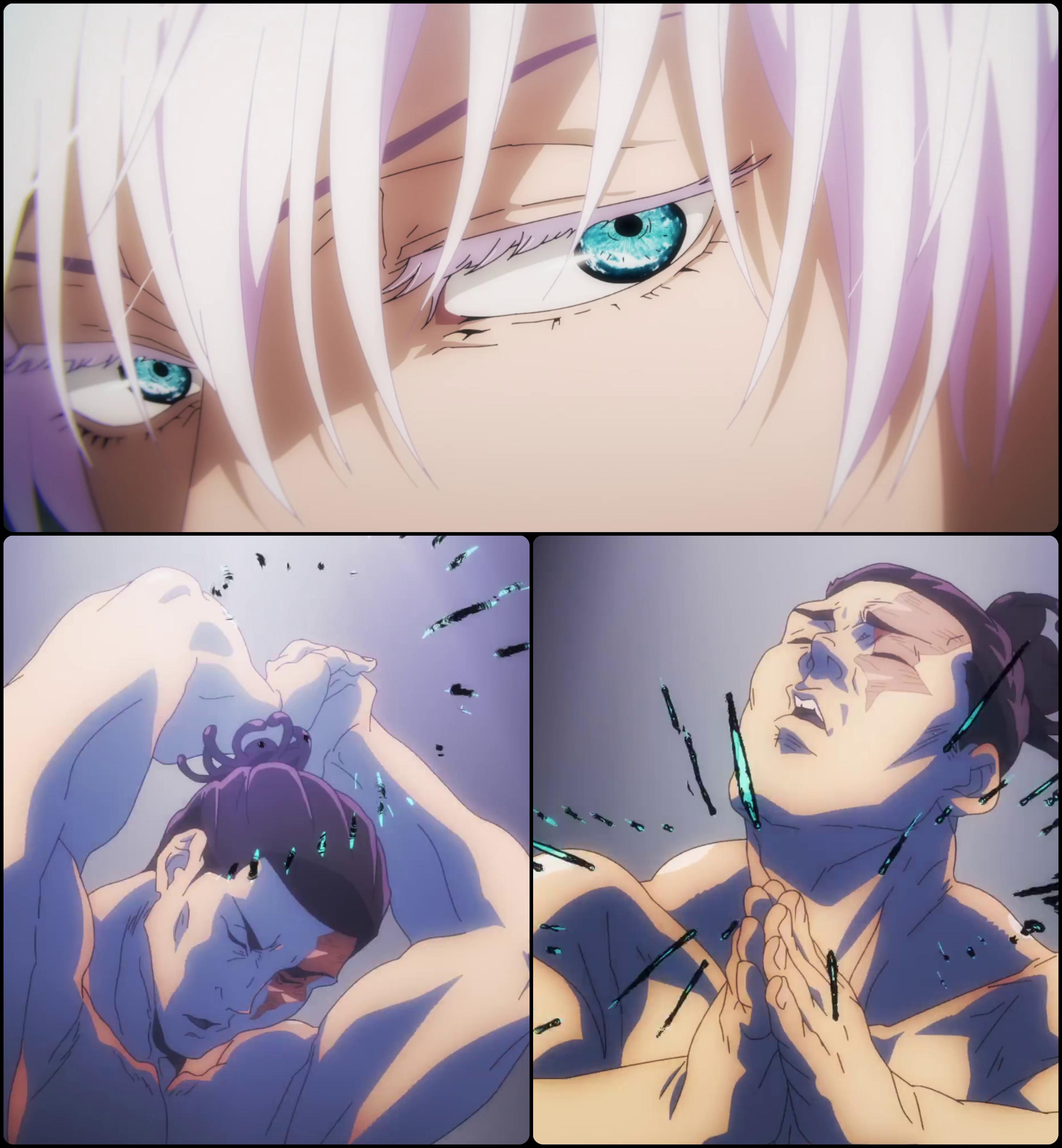 Gojo Satoru Jujutsu Kaisen removing blindfold intense eyes anime