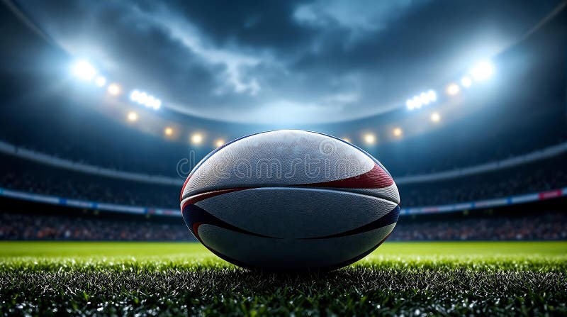 rugby ball lying on grass at night stadium lighting