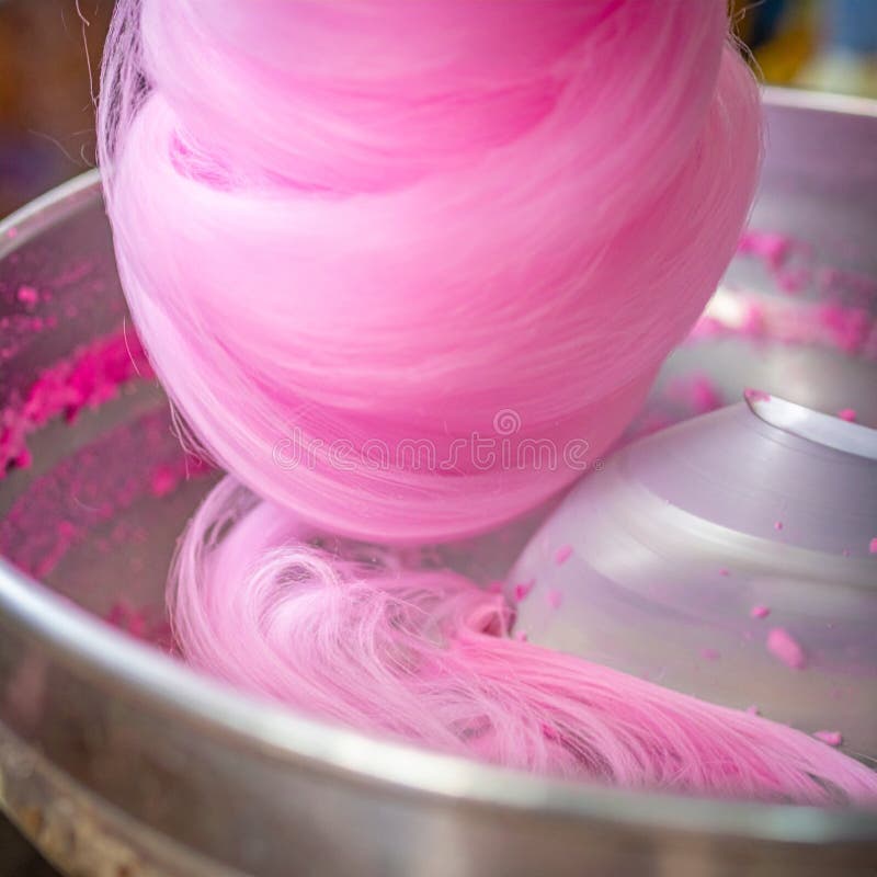 close up of a pink cotton candy machine spinning sugar threads, photorealistic, bright colors