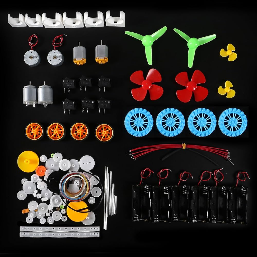 collage of engineering components: DC motor, plastic gears, medical syringe, 9V battery, plastic tubing