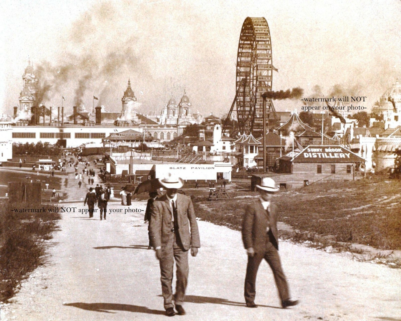 1904 St. Louis World's Fair Ferris Wheel and crowds, vintage sepia photo style