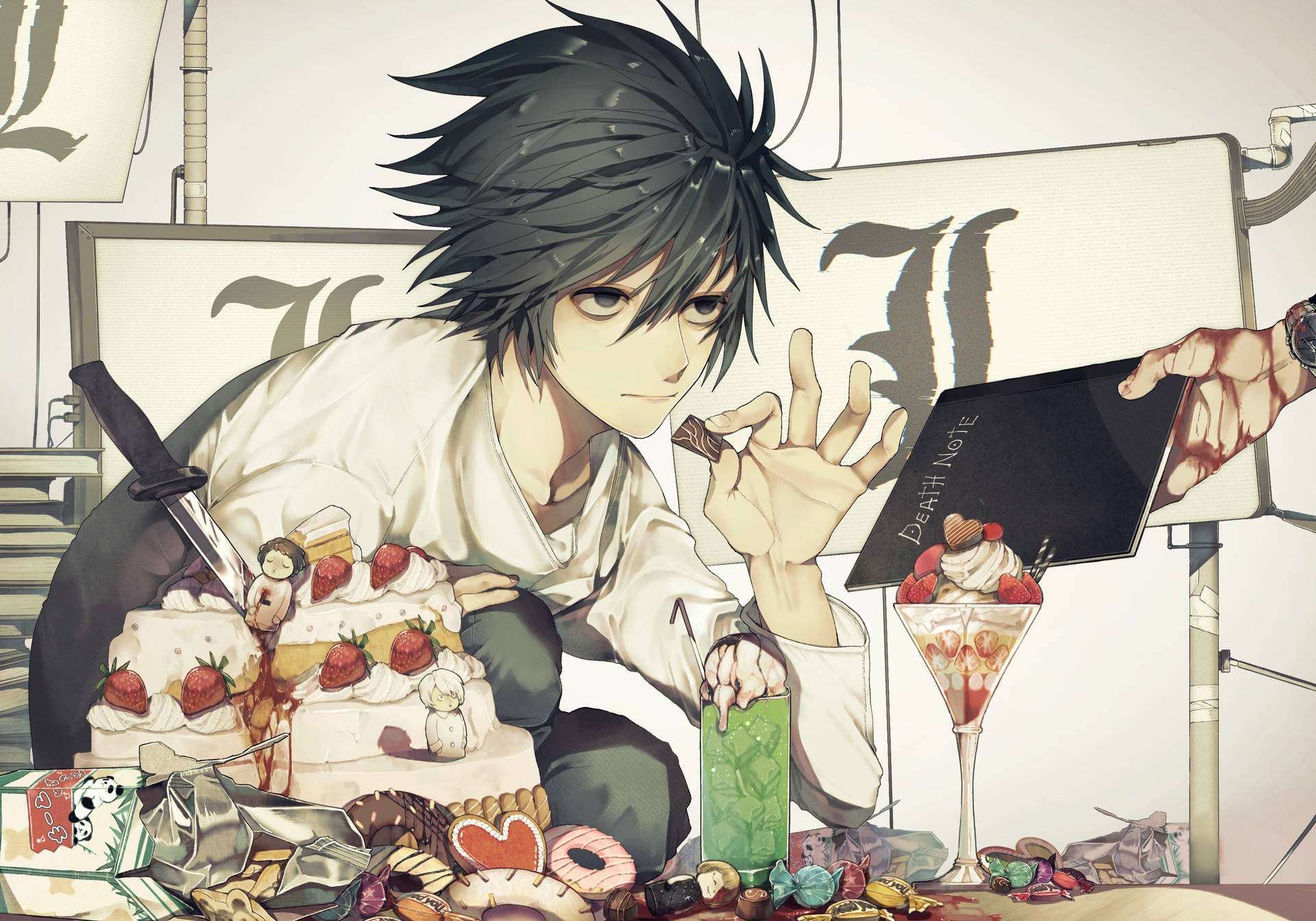 L Death Note anime sitting crouched holding sweet food creepy tired eyes