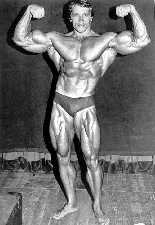 Arnold Schwarzenegger posing 1970s black and white