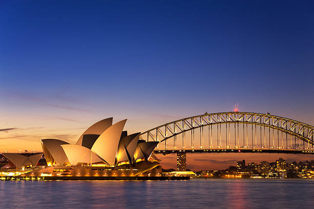 Iconic Australian landscape Sydney Opera House and harbor sunlight vibrant colors