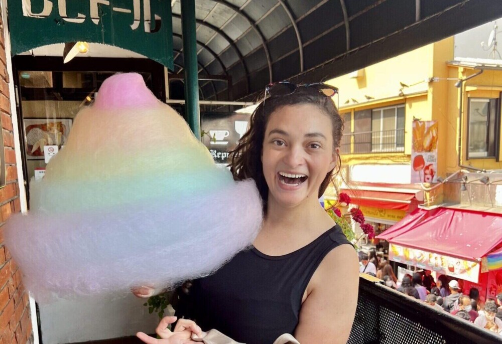 Giant rainbow flower shaped cotton candy sold on Takeshita Street Harajuku, vibrant colors