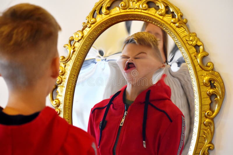 funny distorted face in mirror meme