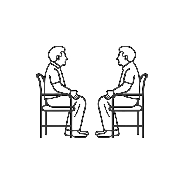 Two business people sitting in comfortable chairs facing each other talking, minimalist white background studio shot, equal height, connection
