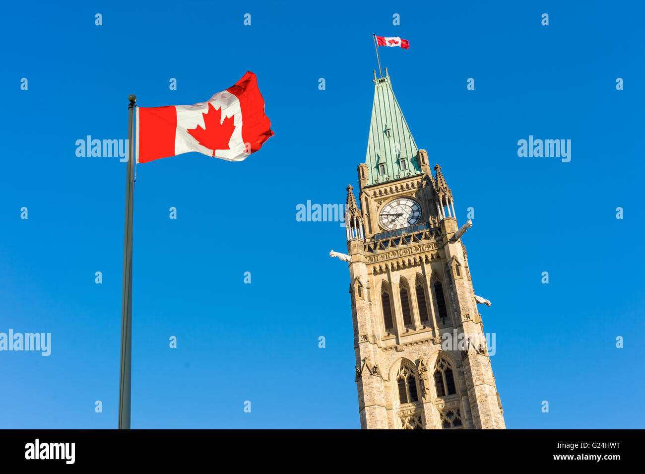 Canadian Parliament flag waving in Ottawa, clear blue sky, photography
