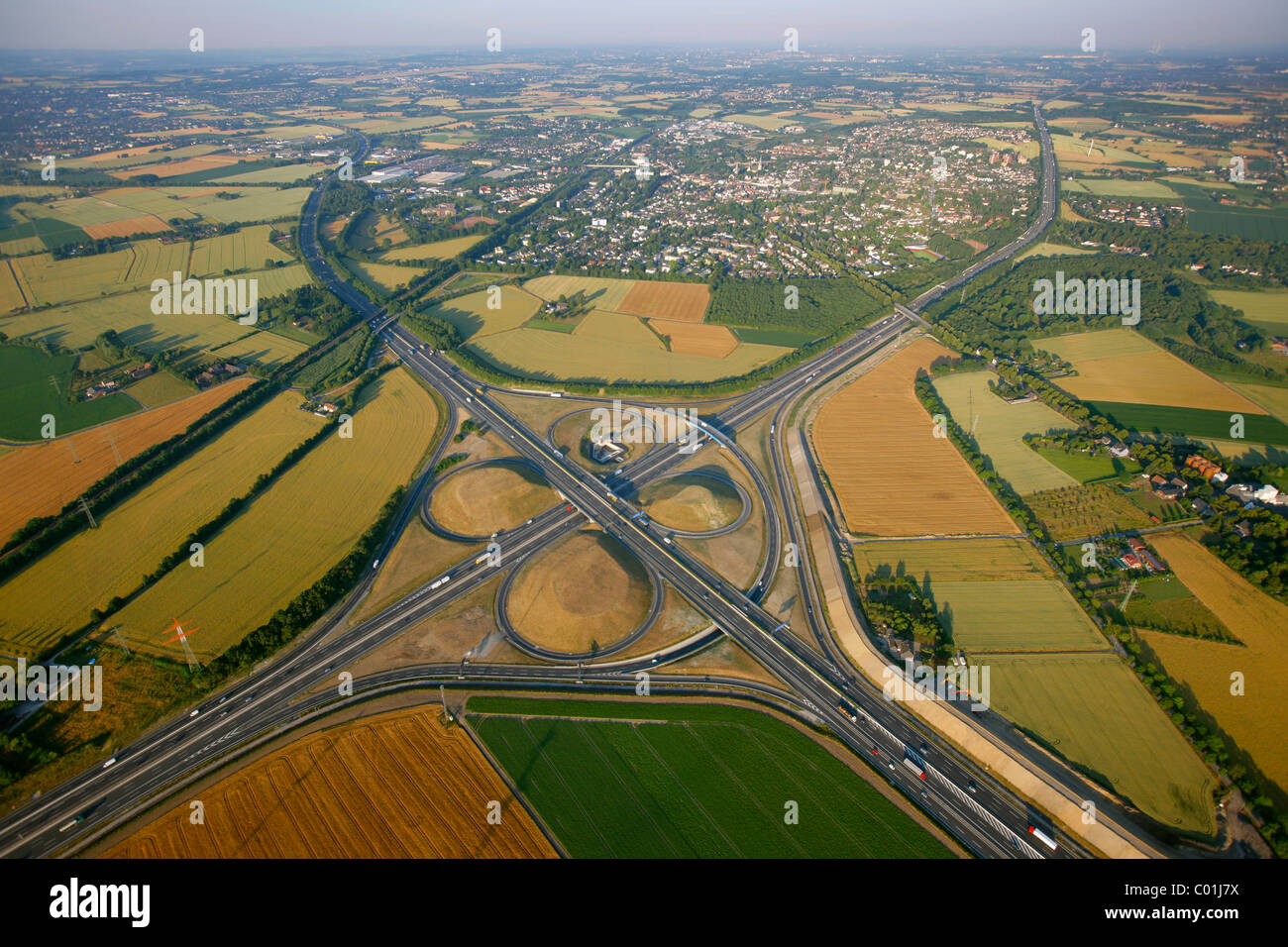 Satellite map view or clean roadmap of Kamener Kreuz highway interchange in Germany, highlighting surrounding green fields