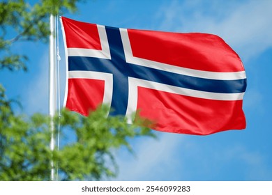 Flag of Norway waving against blue sky, photography