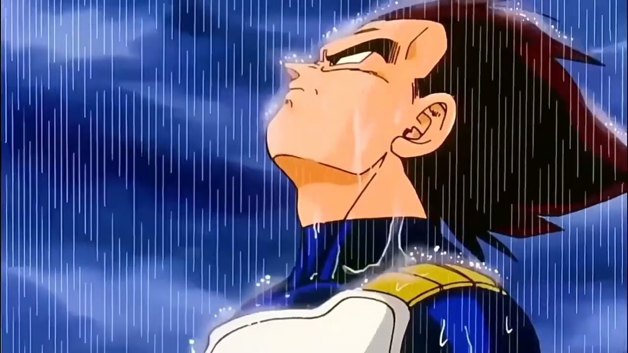 Vegeta Dragon Ball Z standing in rain frustrated or bowing head in defeat