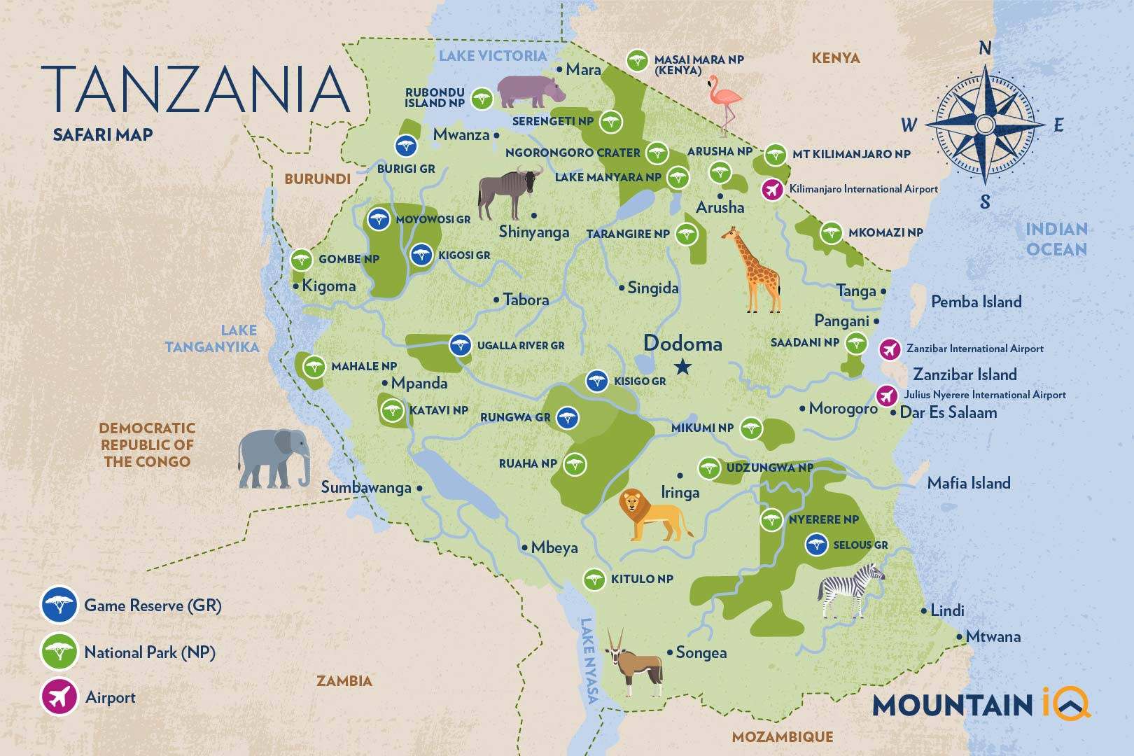 Map of Tanzania showing Selous Game Reserve and Ruaha National Park, clear geographical map style