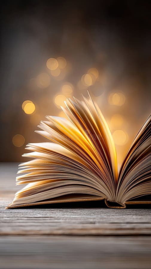 open book on a wooden table, warm lighting