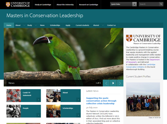 University of Cambridge website homepage screenshot