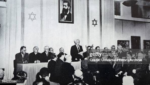 David Ben-Gurion declaring independence 1948 black and white historical photo