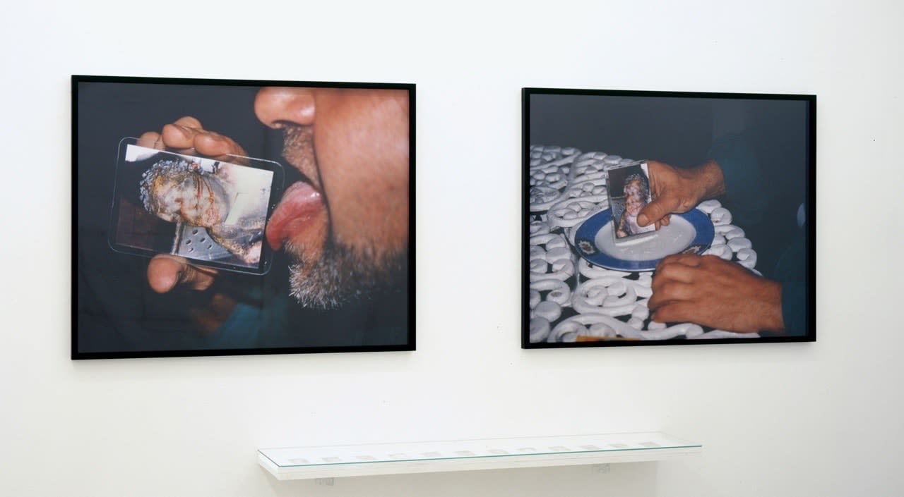 Teresa Margolles Tarjetas para picar cocaína installation view or cards on table