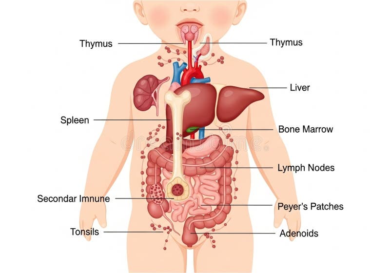 simple human anatomy diagram highlighting thymus, bone marrow, and lymph nodes, educational style for kids