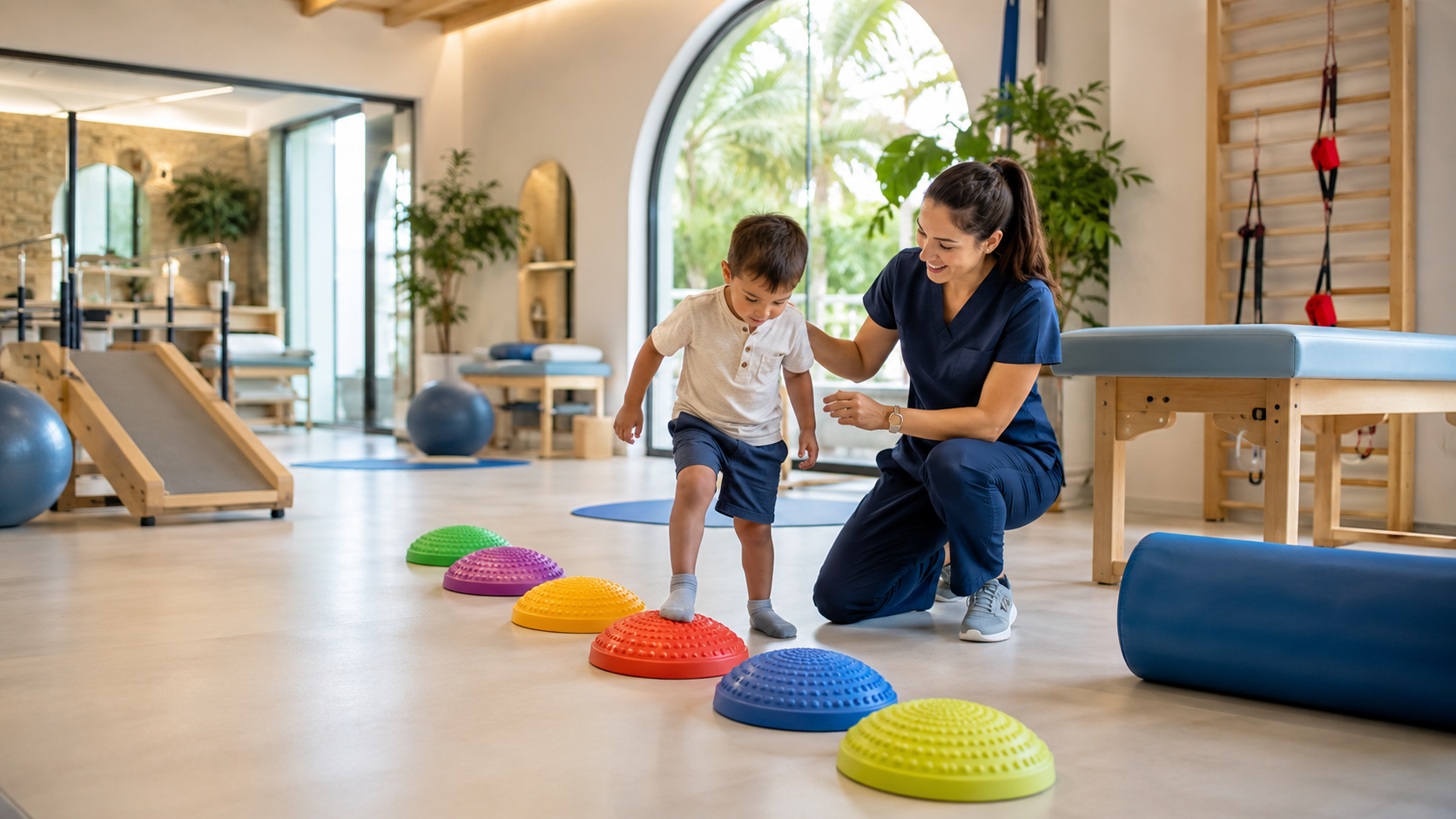 Therapist and child balance exercise